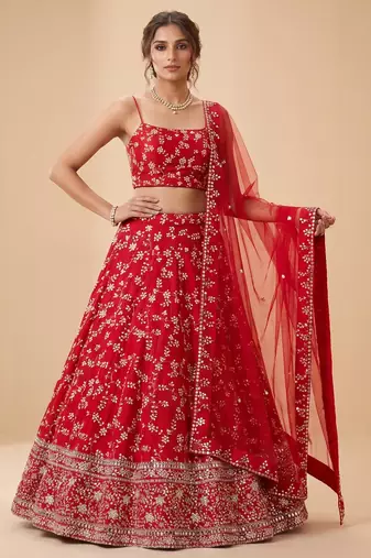 RED EMBROIDERED GEORGETTE FLAIRED LEHENGA CHOLI WITH DUPATTA