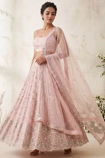 PEACH EMBROIDERED GEORGETTE FLAIRED LEHENGA CHOLI WITH DUPATTA
