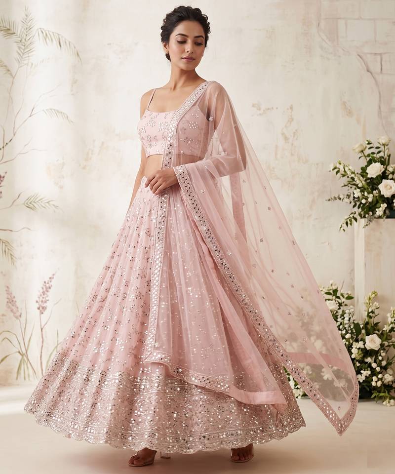 PEACH EMBROIDERED GEORGETTE FLAIRED LEHENGA CHOLI WITH DUPATTA