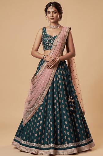 TEAL-BLUE BANARASI viscose LEHENGA CHOLI WITH DUPATTA