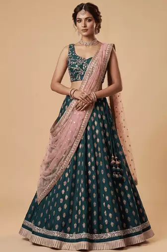 TEAL-BLUE BANARASI viscose LEHENGA CHOLI WITH DUPATTA
