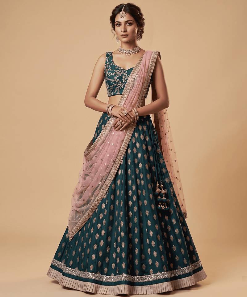TEAL-BLUE BANARASI viscose LEHENGA CHOLI WITH DUPATTA