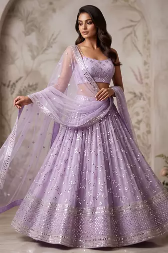 LAVENDER EMBROIDERED GEORGETTE FLAIRED LEHENGA CHOLI WITH DUPATTA