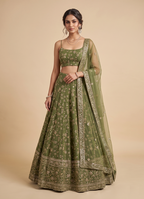 GREEN EMBROIDERED GEORGETTE FLAIRED LEHENGA CHOLI WITH DUPATTA 3