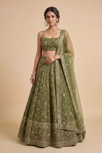 GREEN EMBROIDERED GEORGETTE FLAIRED LEHENGA CHOLI WITH DUPATTA