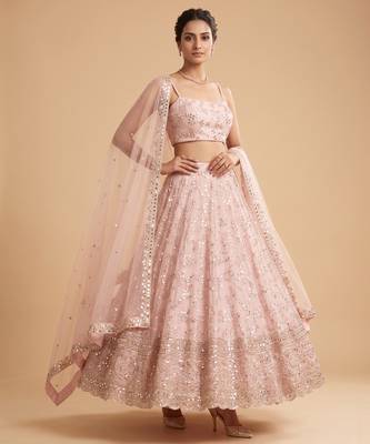 PEACH EMBROIDERED GEORGETTE FLAIRED LEHENGA CHOLI WITH DUPATTA 4