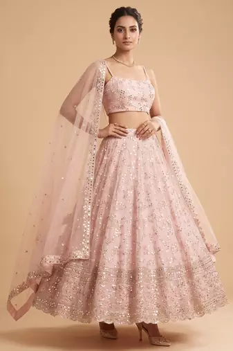 PEACH EMBROIDERED GEORGETTE FLAIRED LEHENGA CHOLI WITH DUPATTA