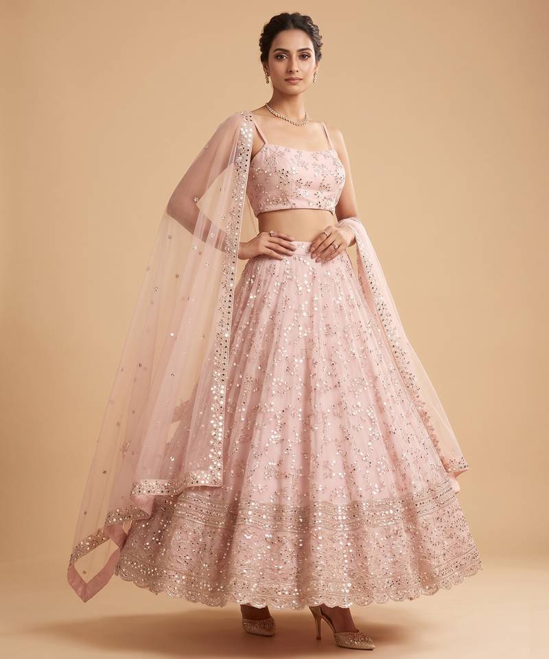 PEACH EMBROIDERED GEORGETTE FLAIRED LEHENGA CHOLI WITH DUPATTA