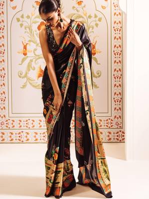 Elegant japan satin digital print saree with sequins banglori silk blend blouse for party wear 2