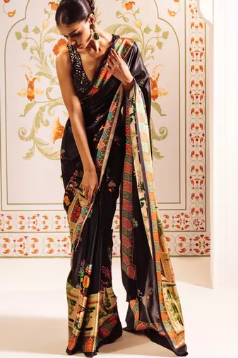Elegant japan satin digital print saree with sequins banglori silk blend blouse for party wear
