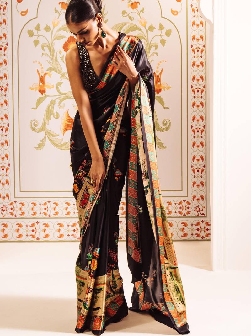 Elegant japan satin digital print saree with sequins banglori silk blouse for party wear