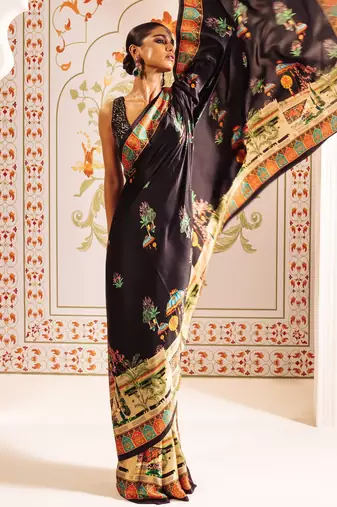 Elegant japan satin digital print saree with sequins banglori silk blend blouse for party wear