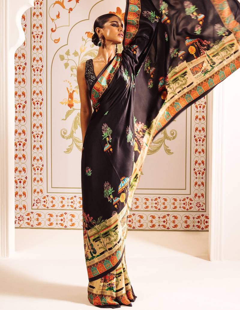Elegant japan satin digital print saree with sequins banglori silk blouse for party wear
