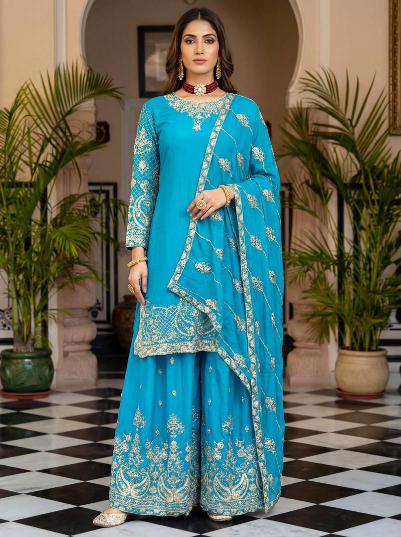  traditional wear sharara with heavy border dupatta set