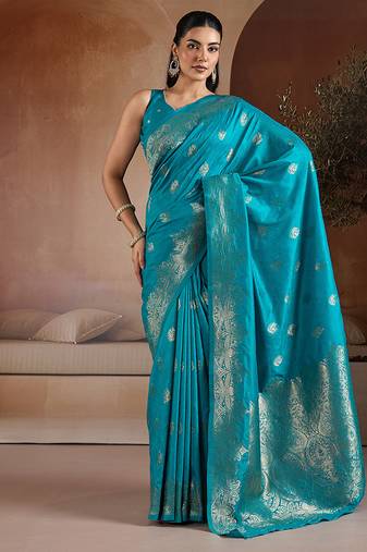 Aqua blue handloom weaving silk blend saree