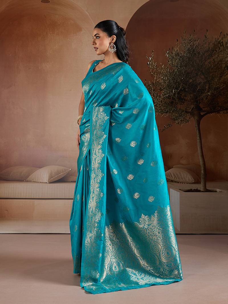 Aqua blue handloom weaving silk blend saree