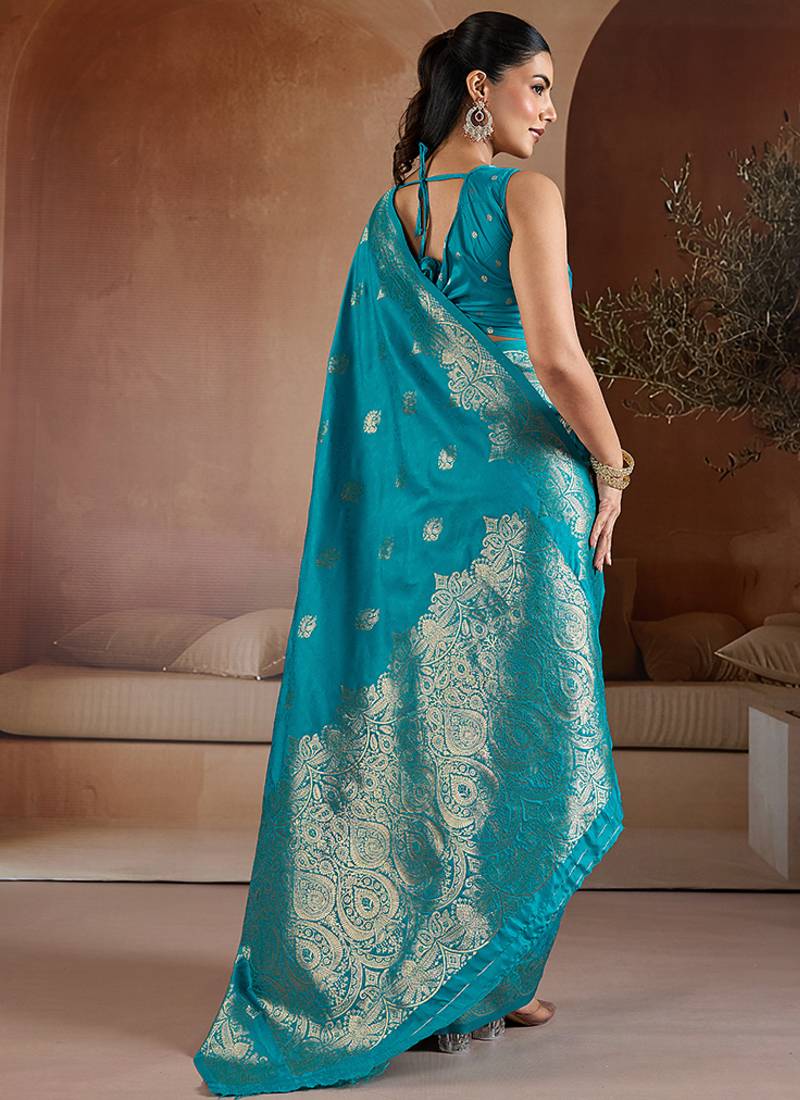 Aqua blue handloom weaving silk blend saree