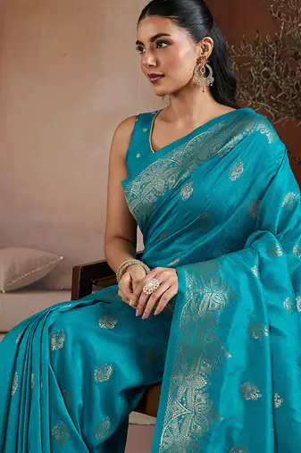 Aqua blue handloom weaving silk blend saree