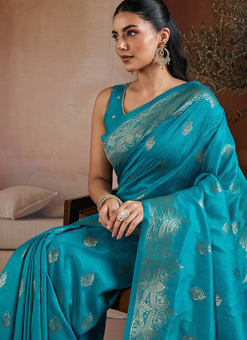 Aqua blue handloom weaving silk blend saree