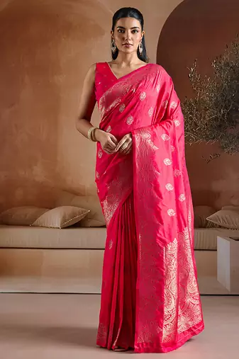 Pink blue handloom weaving silk blend saree