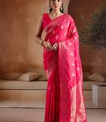 Pink blue handloom weaving silk blend saree