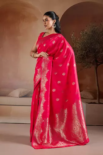 Pink blue handloom weaving silk blend saree