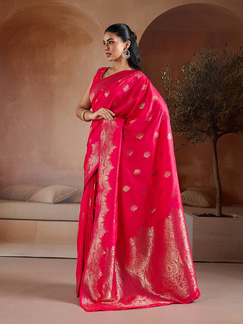 Pink blue handloom weaving silk blend saree