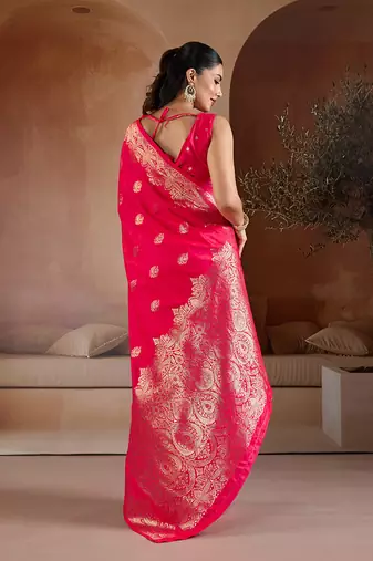 Pink blue handloom weaving silk blend saree