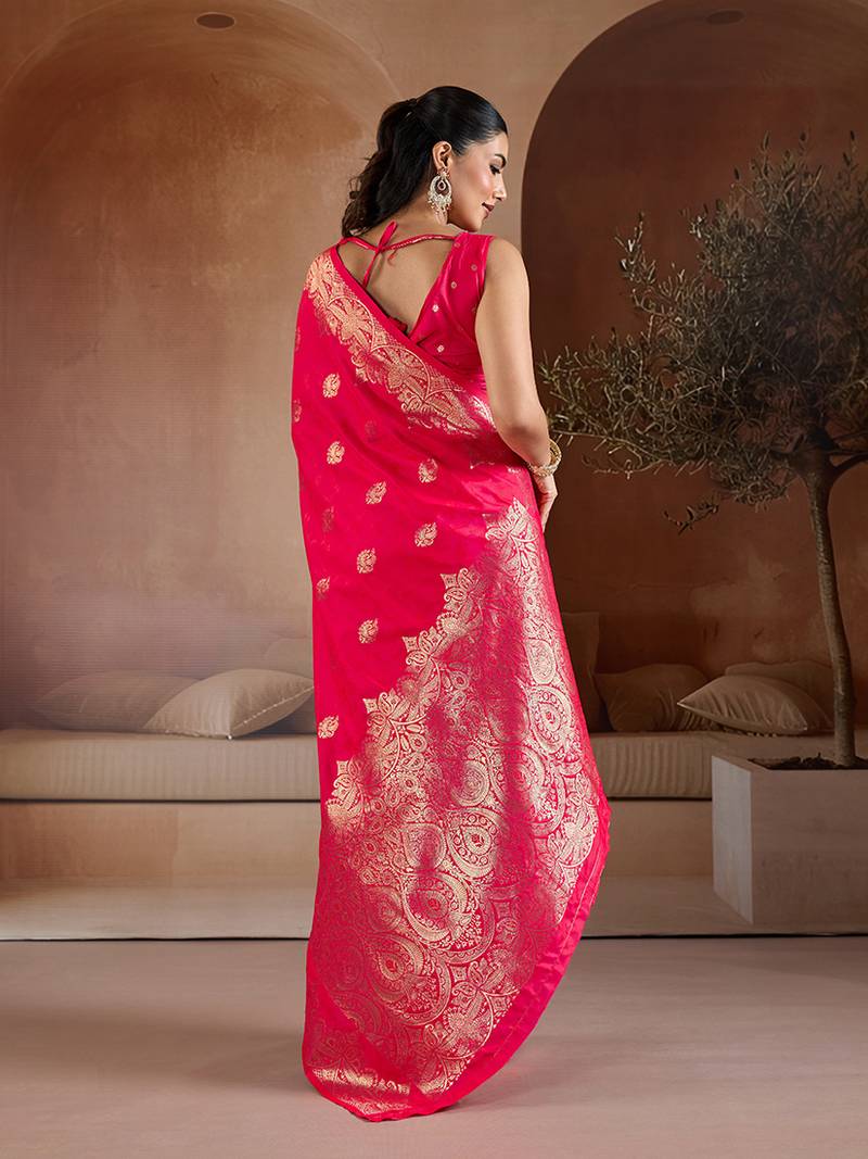 Pink blue handloom weaving silk blend saree