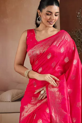 Pink blue handloom weaving silk blend saree