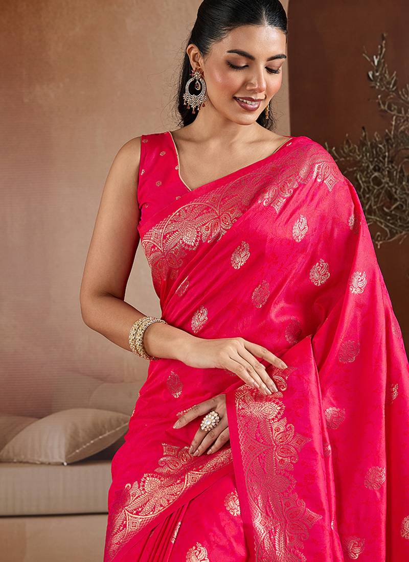 Pink blue handloom weaving silk blend saree