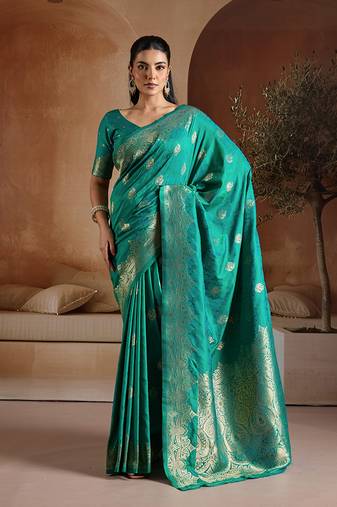 Teal green handloom weaving silk blend saree
