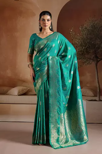 Teal green handloom weaving silk blend saree
