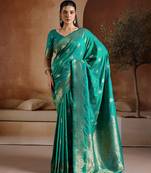 Teal green handloom weaving silk blend saree