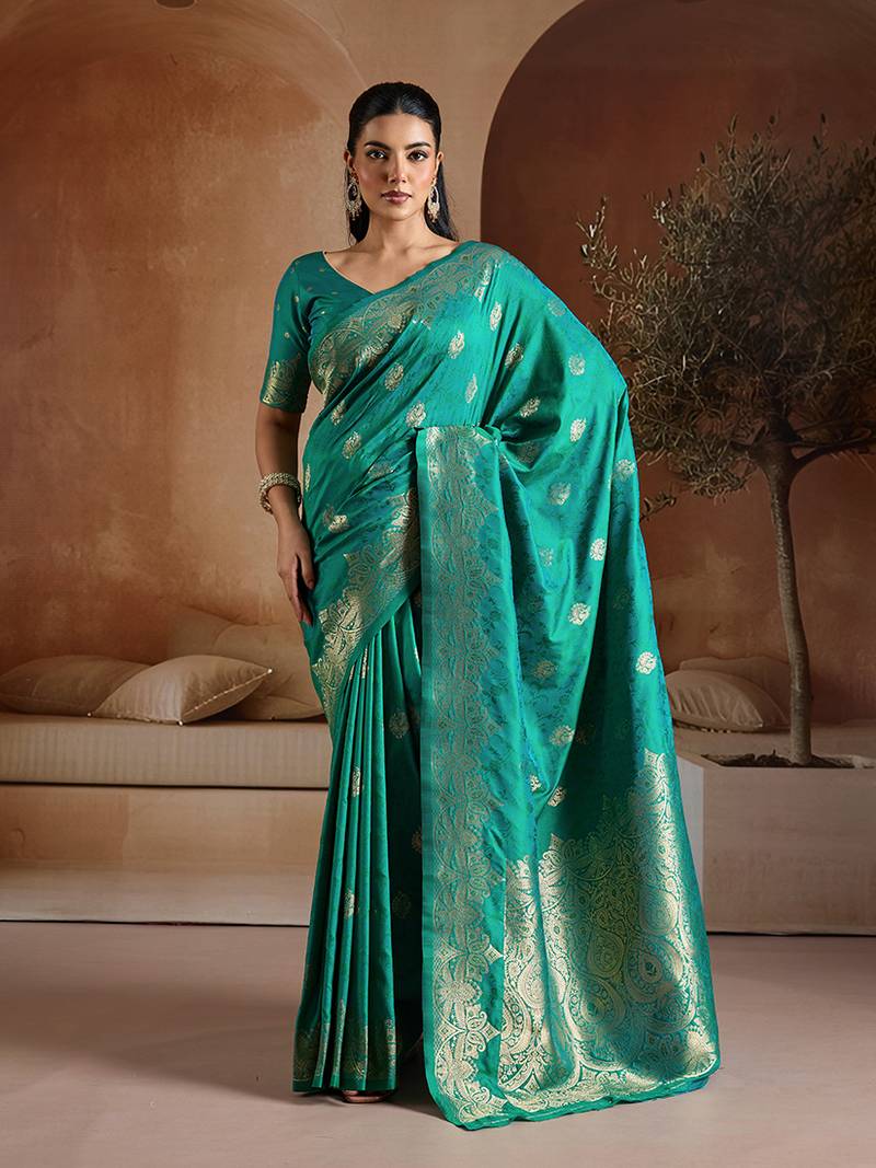 Teal green handloom weaving silk blend saree
