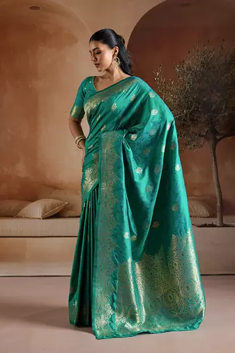 Teal green handloom weaving silk blend saree