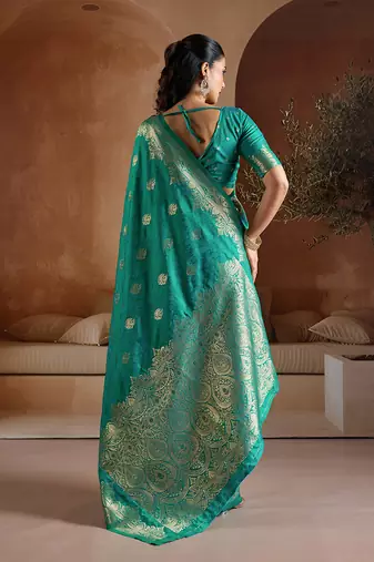 Teal green handloom weaving silk blend saree