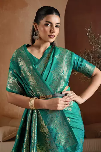Teal green handloom weaving silk blend saree