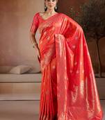 Salmon handloom weaving silk blend saree