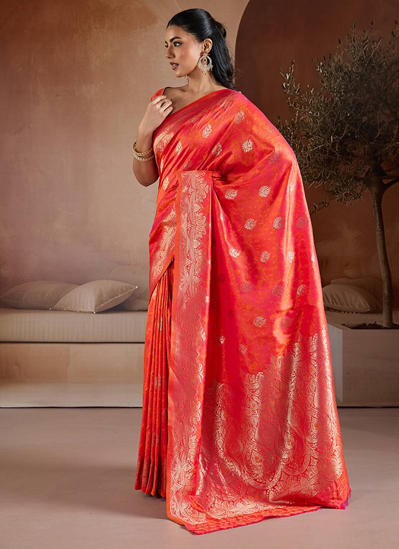 Salmon handloom weaving silk blend saree
