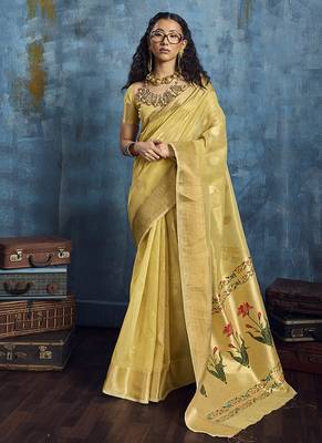 Mustard paithani tissue handloom weaving saree 1