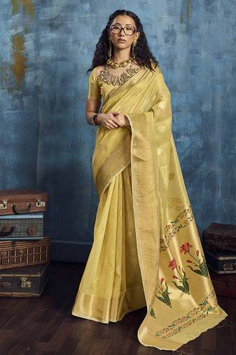 Mustard paithani tissue handloom weaving saree