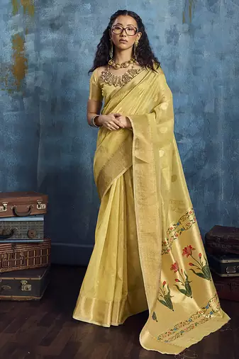 Mustard paithani tissue handloom weaving saree