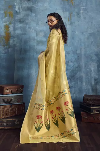 Mustard paithani tissue handloom weaving saree