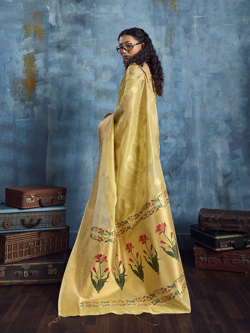 Mustard paithani tissue handloom weaving saree