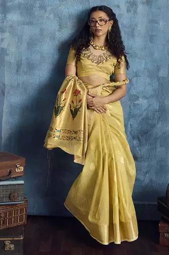 Mustard paithani tissue handloom weaving saree