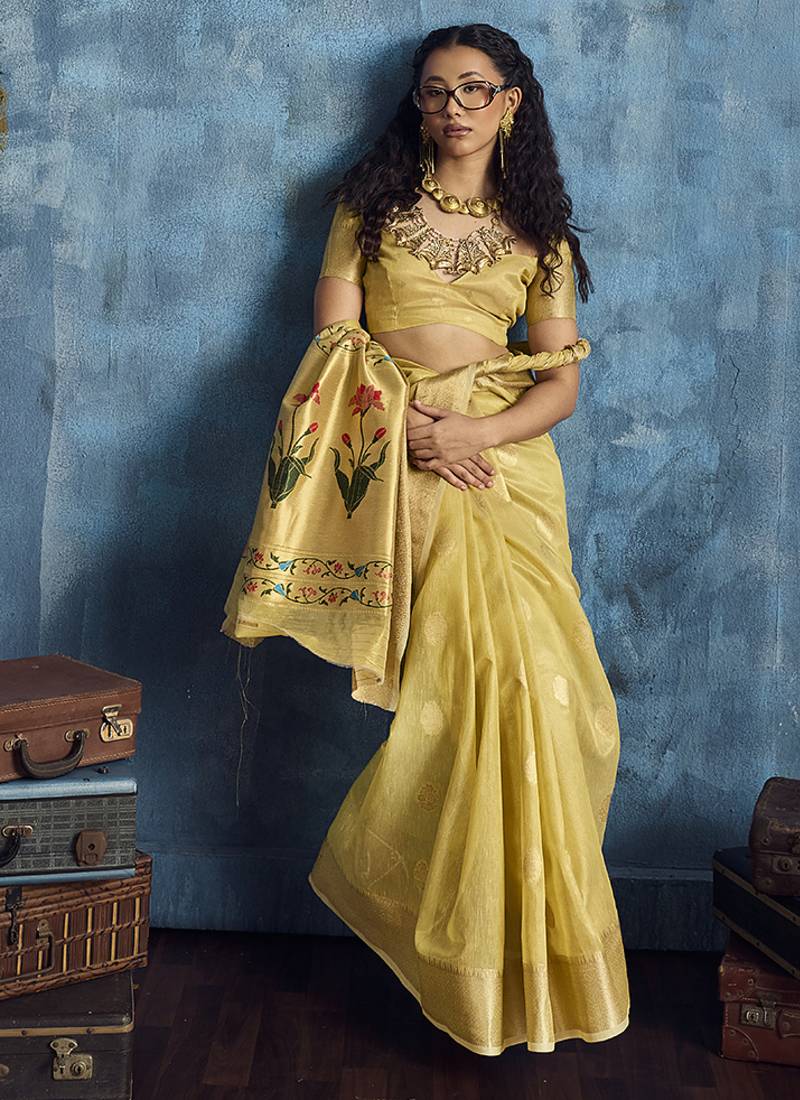 Mustard paithani tissue handloom weaving saree