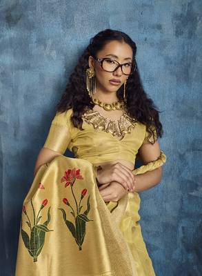 Mustard paithani tissue handloom weaving saree 4
