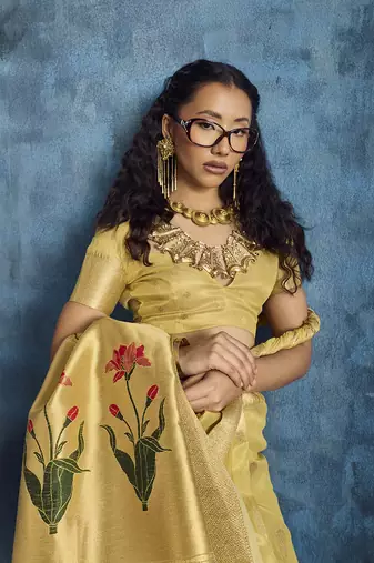 Mustard paithani tissue handloom weaving saree