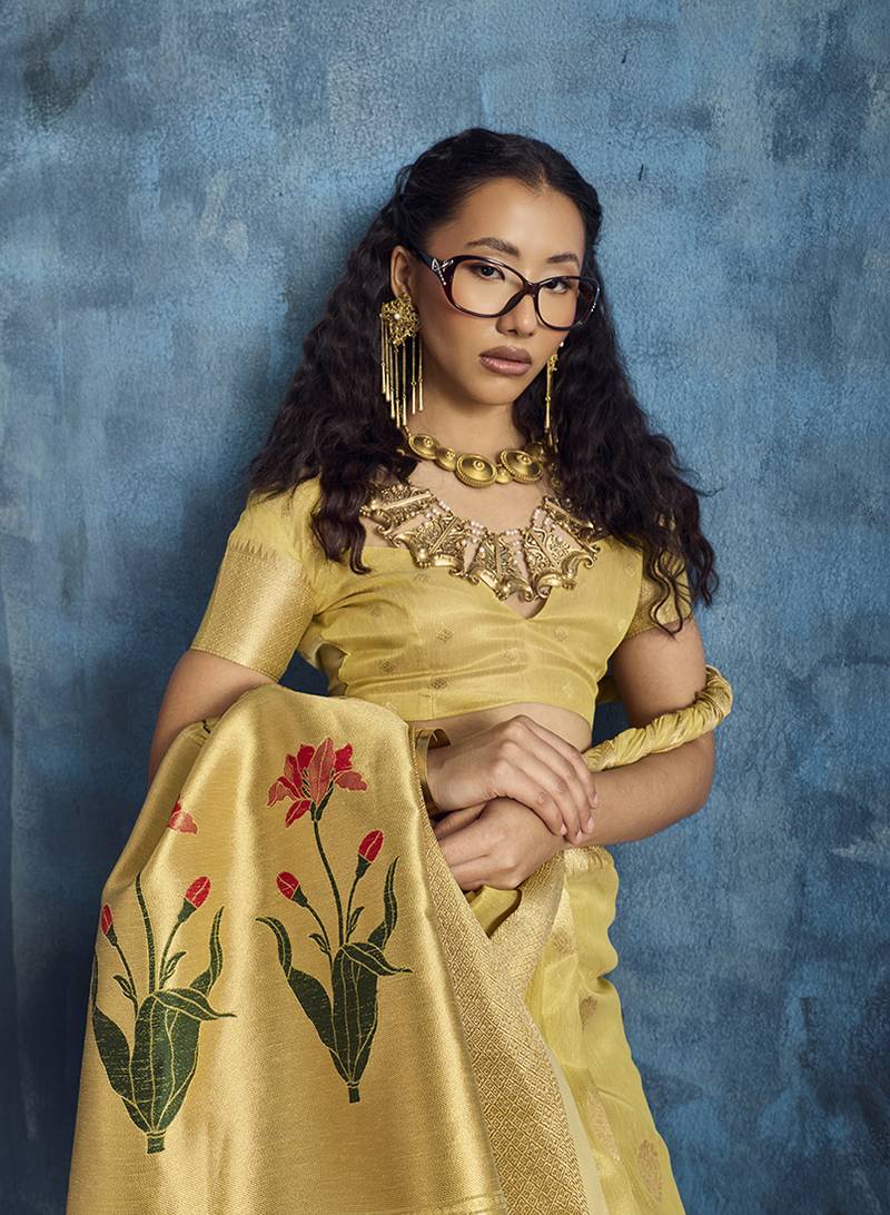 Mustard paithani tissue handloom weaving saree